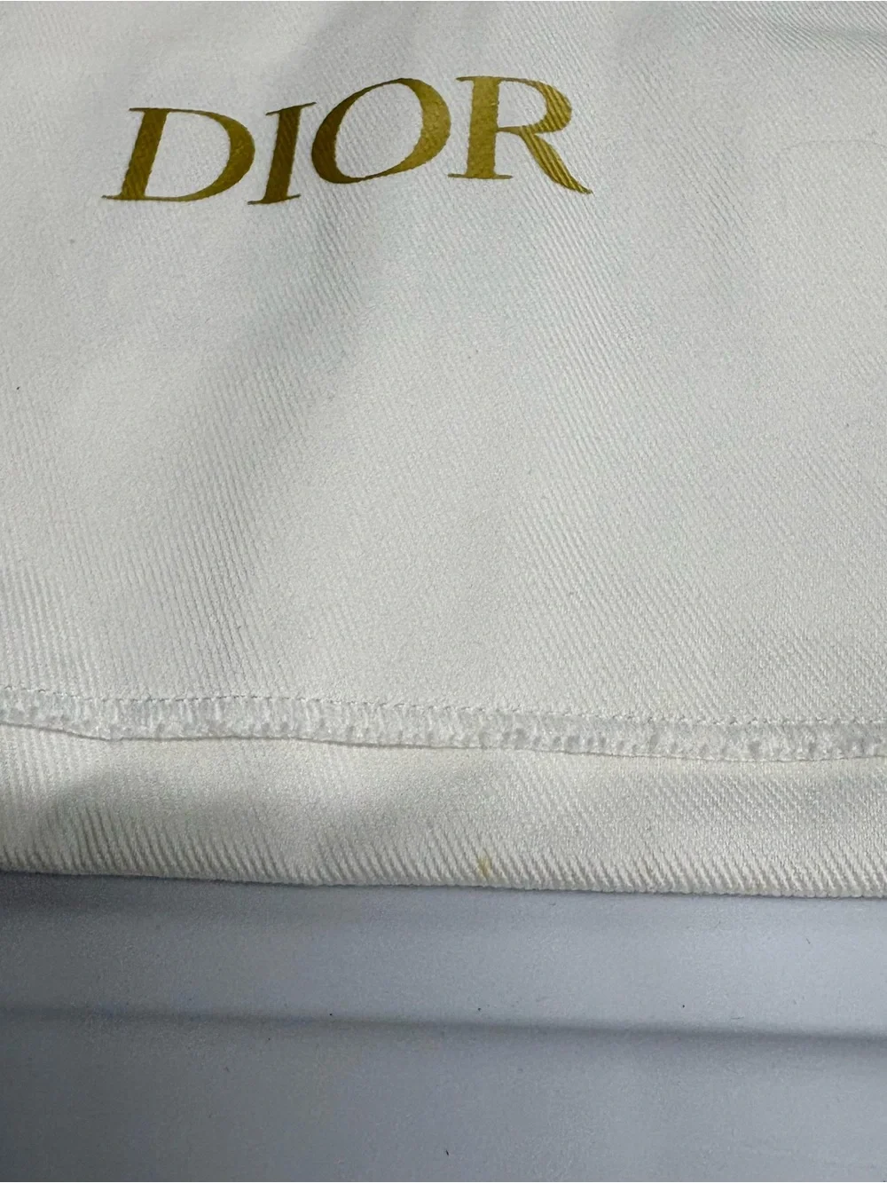 Dior White Satin Logo Dust Bag with Gold Print and Ribbon
